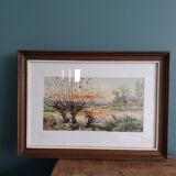 Watercolor signed Thinel, landscape, Marais Poitevin