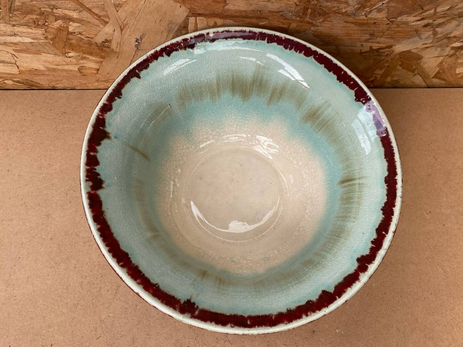 Antique Red Ceramic Salad Bowl Blue Interior + Vintage Kitchen Badge