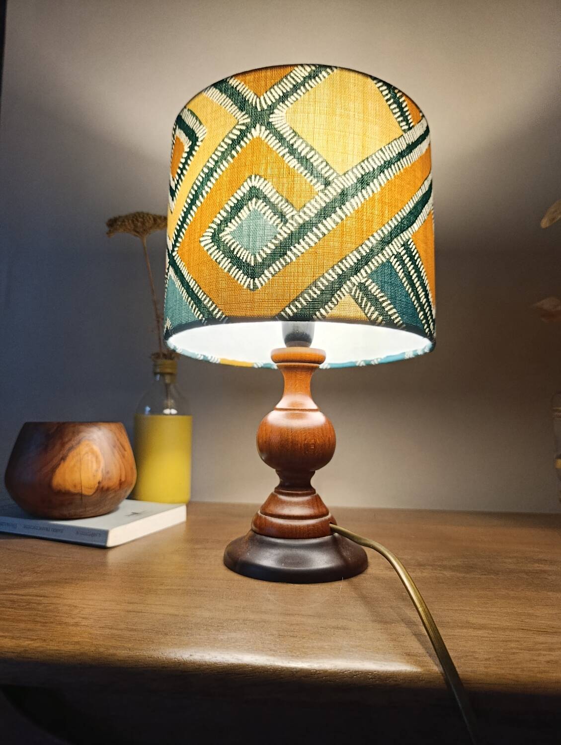 rustic chic turned wooden floor lamp, graphic linen lampshade