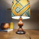 rustic chic turned wooden floor lamp, graphic linen lampshade