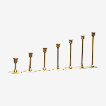 Set of 7 Scandinavian brass candle holders, 1960's