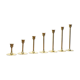 Set of 7 Scandinavian brass candle holders, 1960's