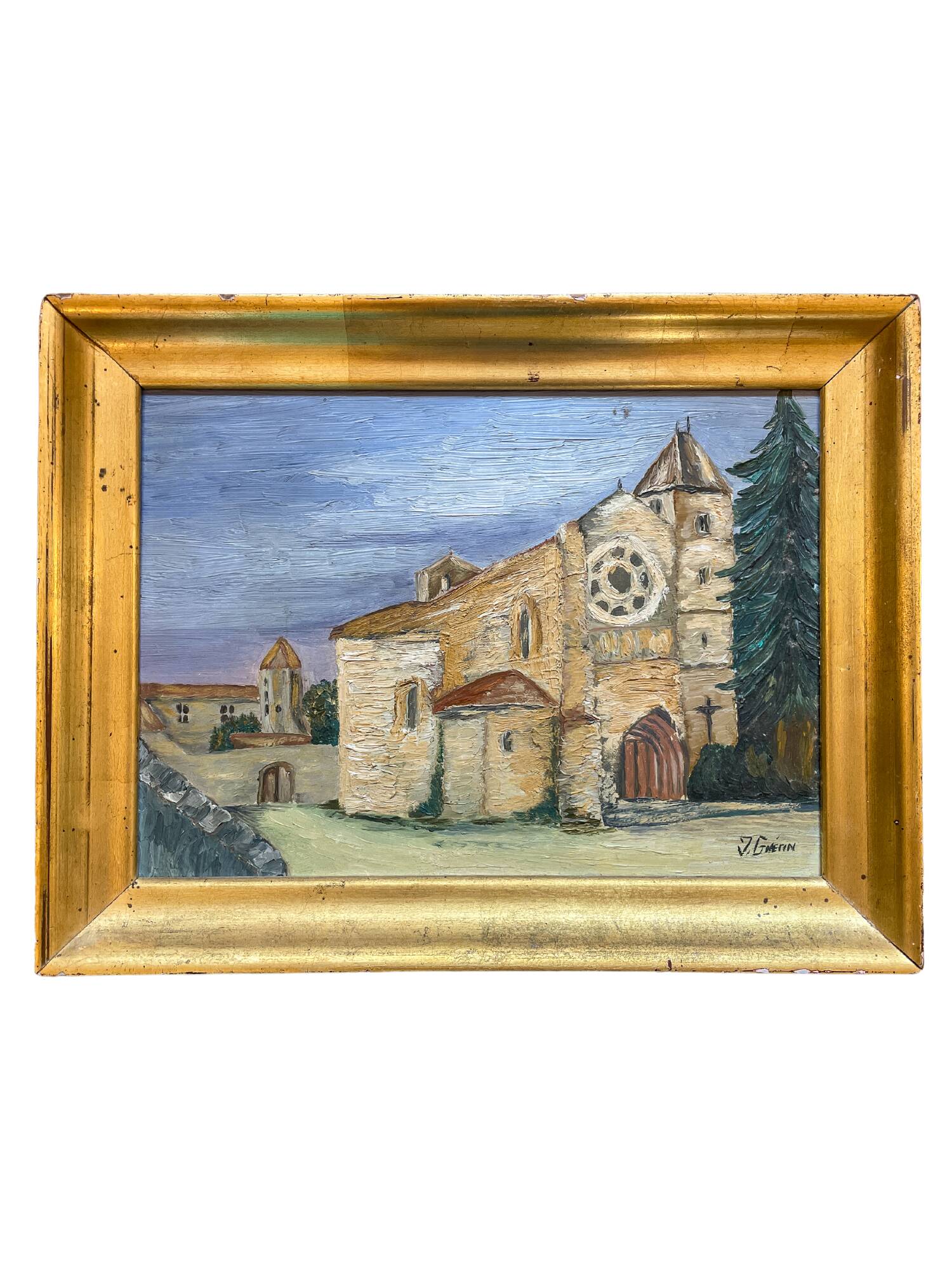 Old painting signed J. Guérin – Oil on wood – Historic abbey under ci