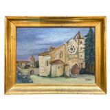 Old painting signed J. Guérin – Oil on wood – Historic abbey under ci