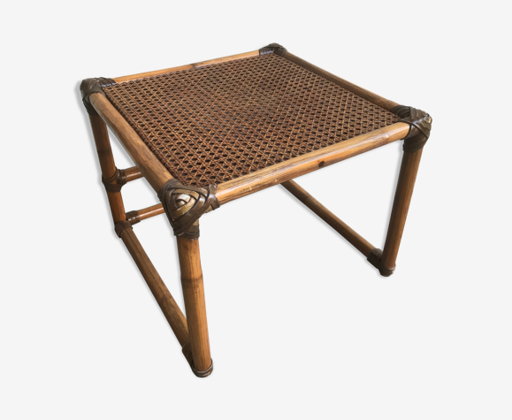 Table basse en rotin & plateau cannage années 60
