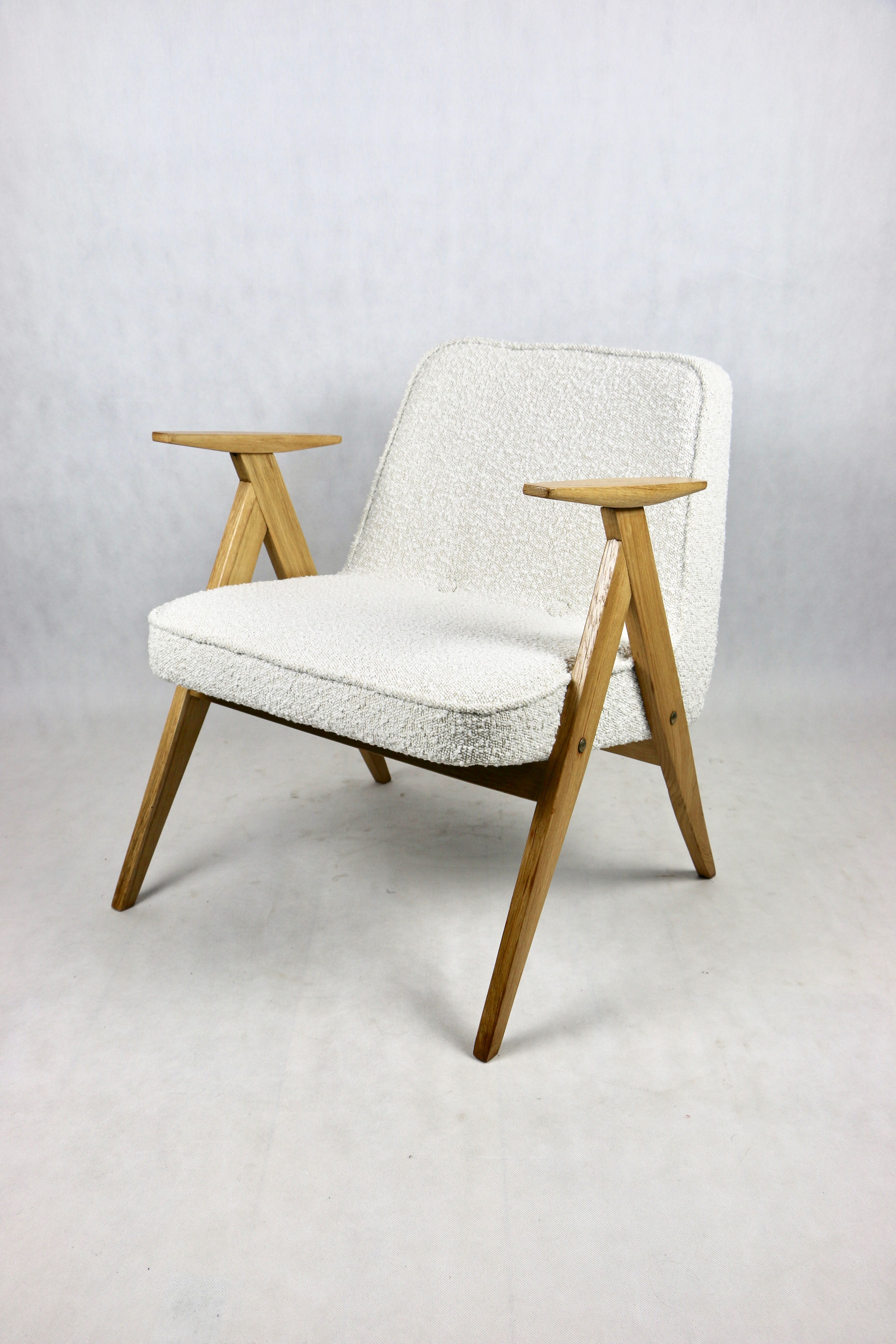 Pearl Boucle & Oak Armchair by Józef Chierowski, 1970s