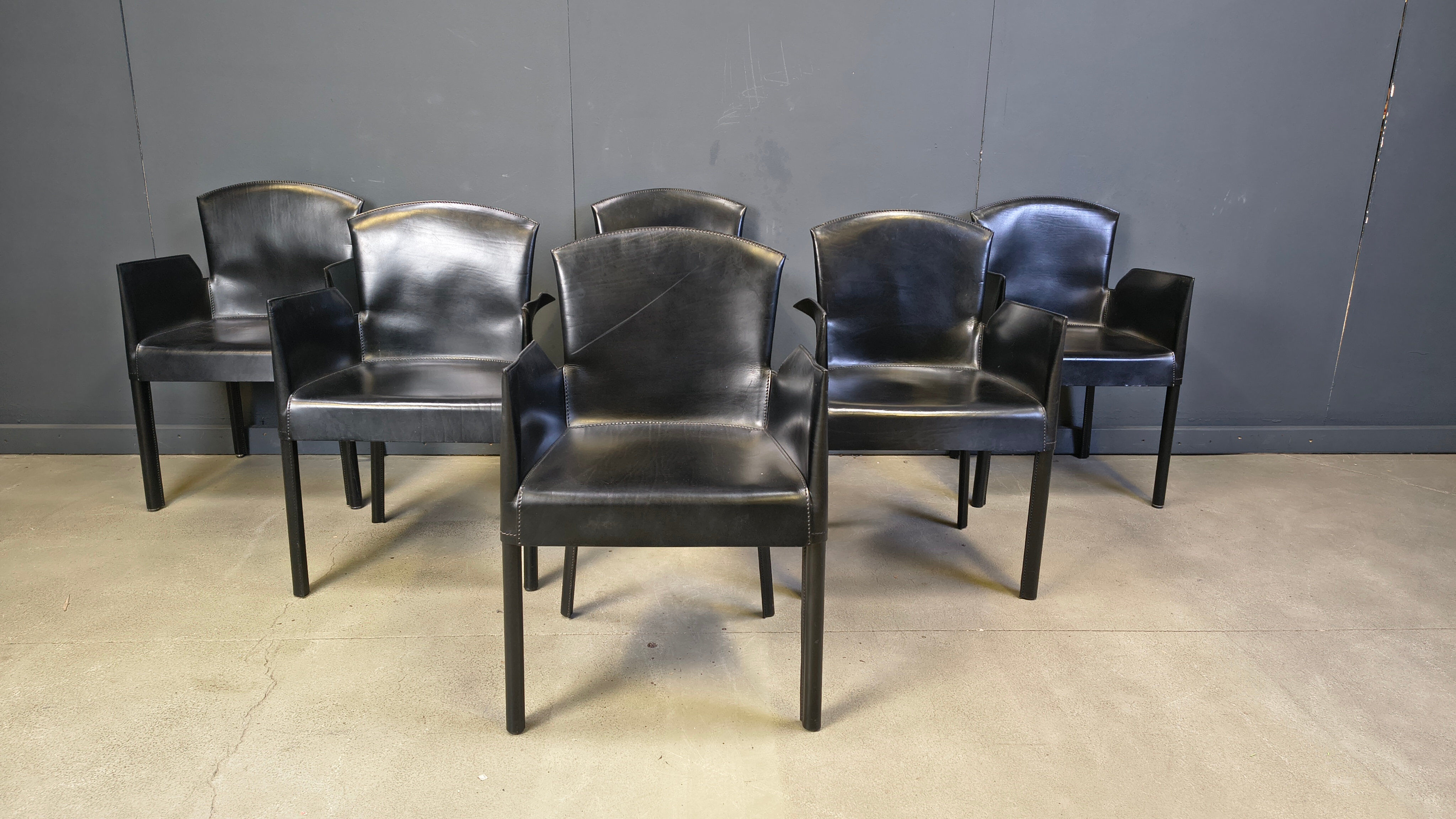 Black leather Italian dining chairs, 1980s - set of 6