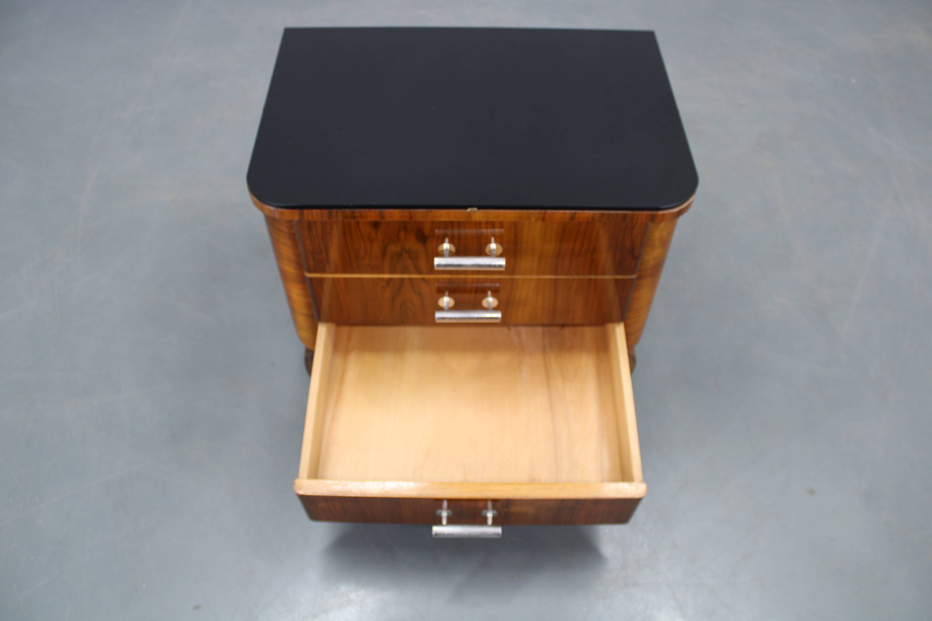 Art Deco walnut nightstand with black opaxite glass, Czechoslovakia 1930s