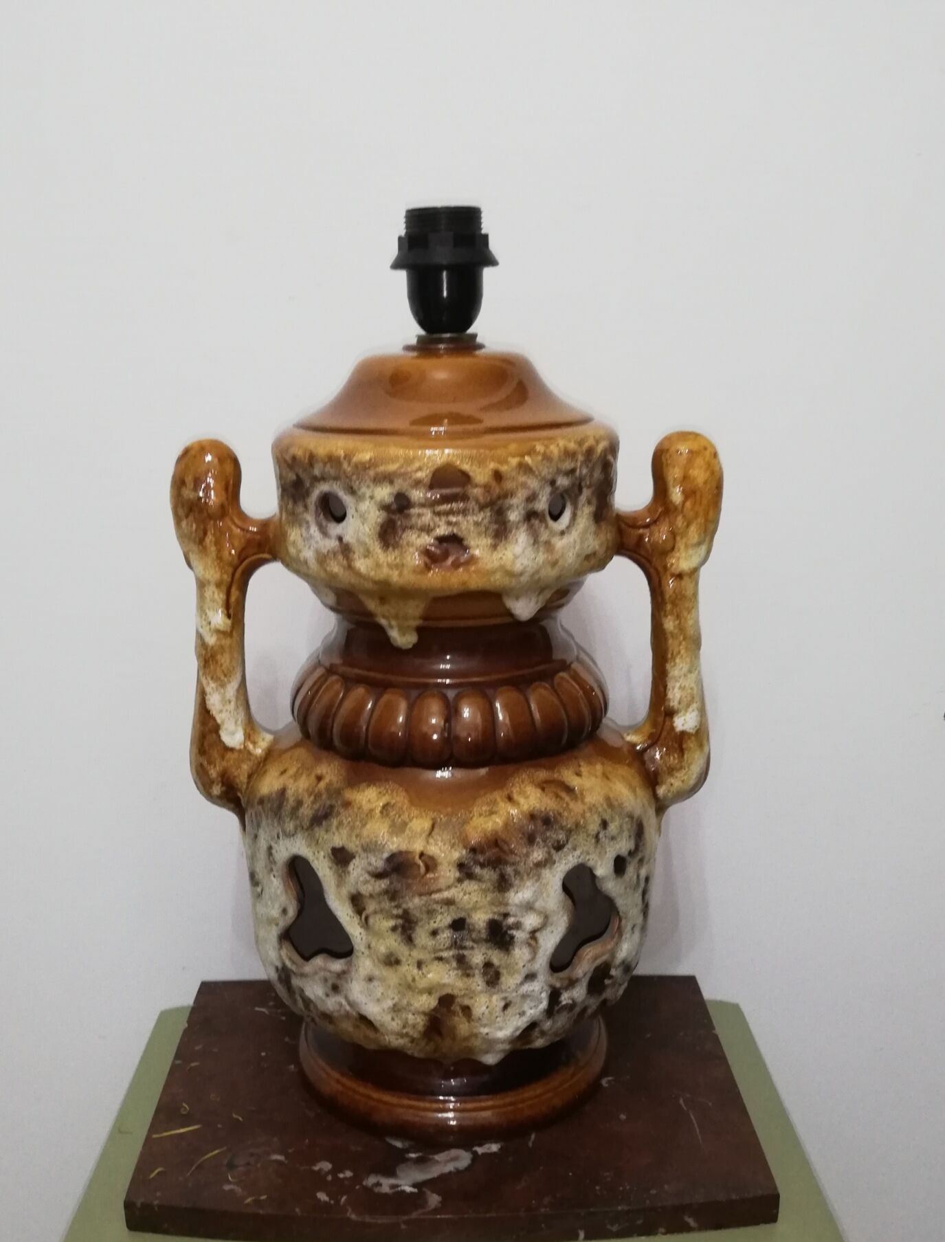 Pied de lampe vintage double éclairage en grès et céramique