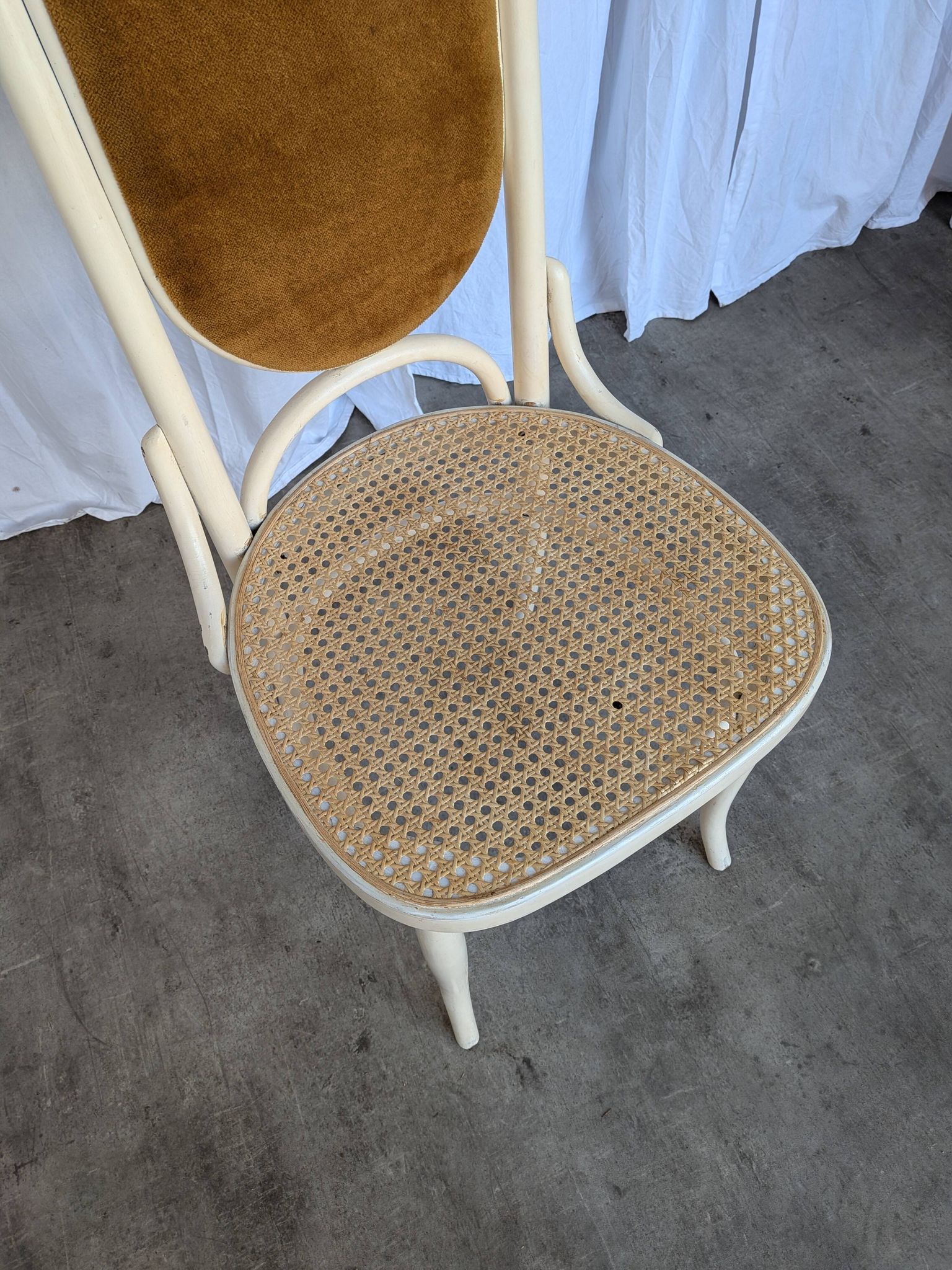 Vintage Thonet Bentwood Dining Chair: Cane Seat, Yellow Fabric Back