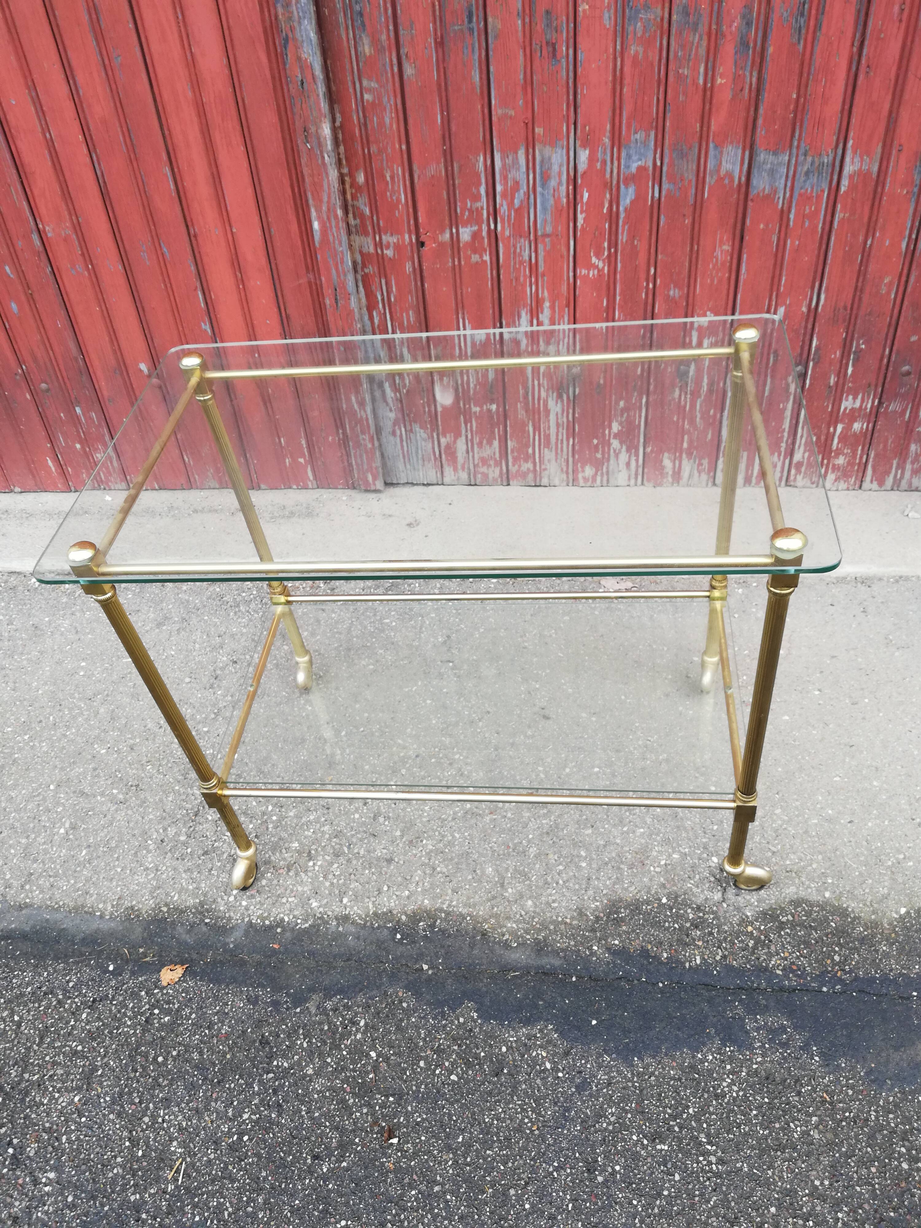 Desserte vintage laiton et 2 plateaux verre