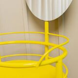 Yellow metal side table with swiveling oval mirror and two tray shelves, vintage 1960s Italy