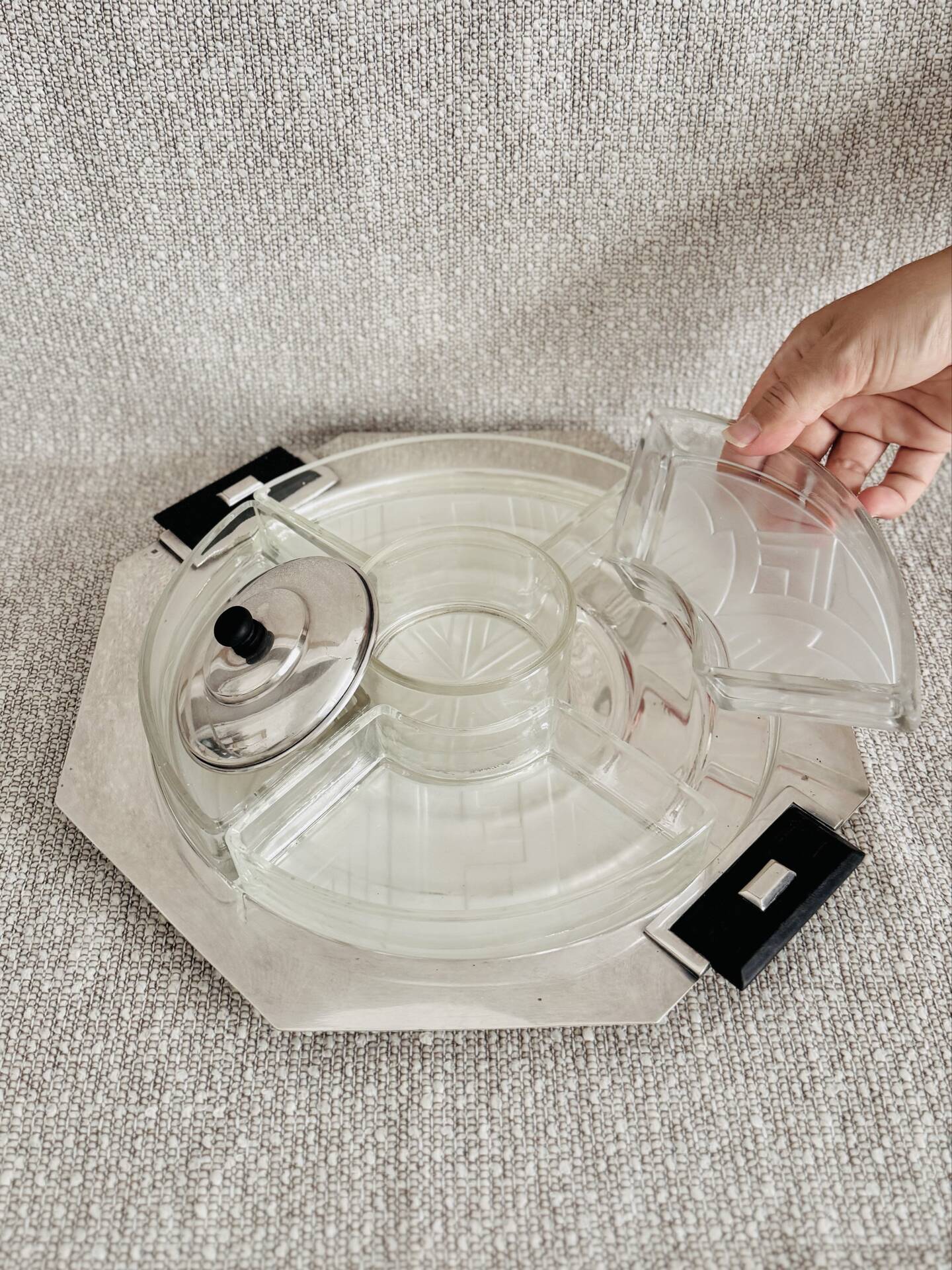 Art Deco silver-plated metal and glass serving platter for appetizers.