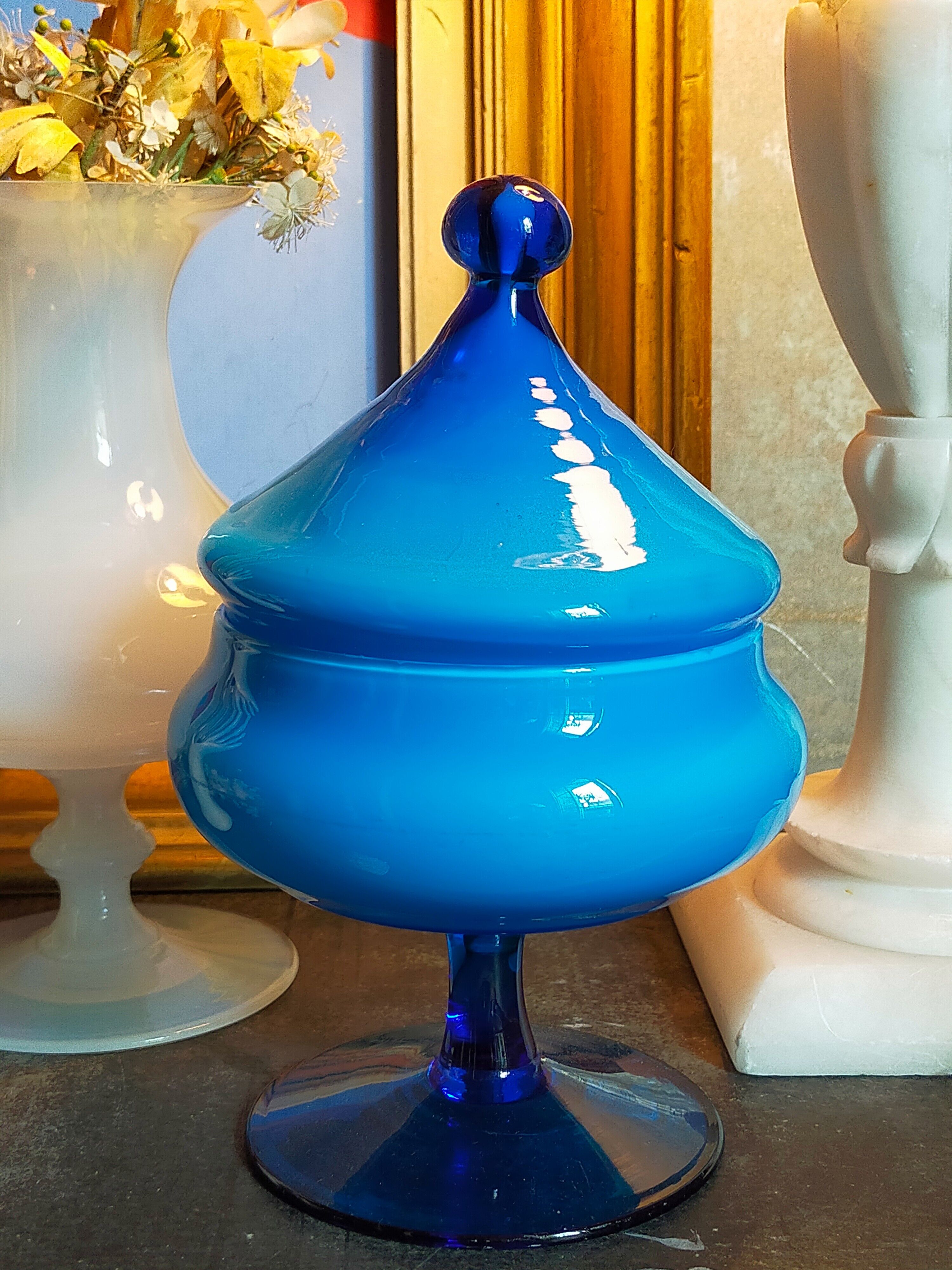 Covered pot on foot in vintage blue opaline
