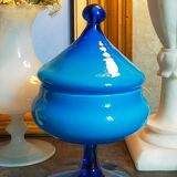 Covered pot on foot in vintage blue opaline
