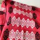 Vintage graphic red tablecloth and 8 matching napkins.