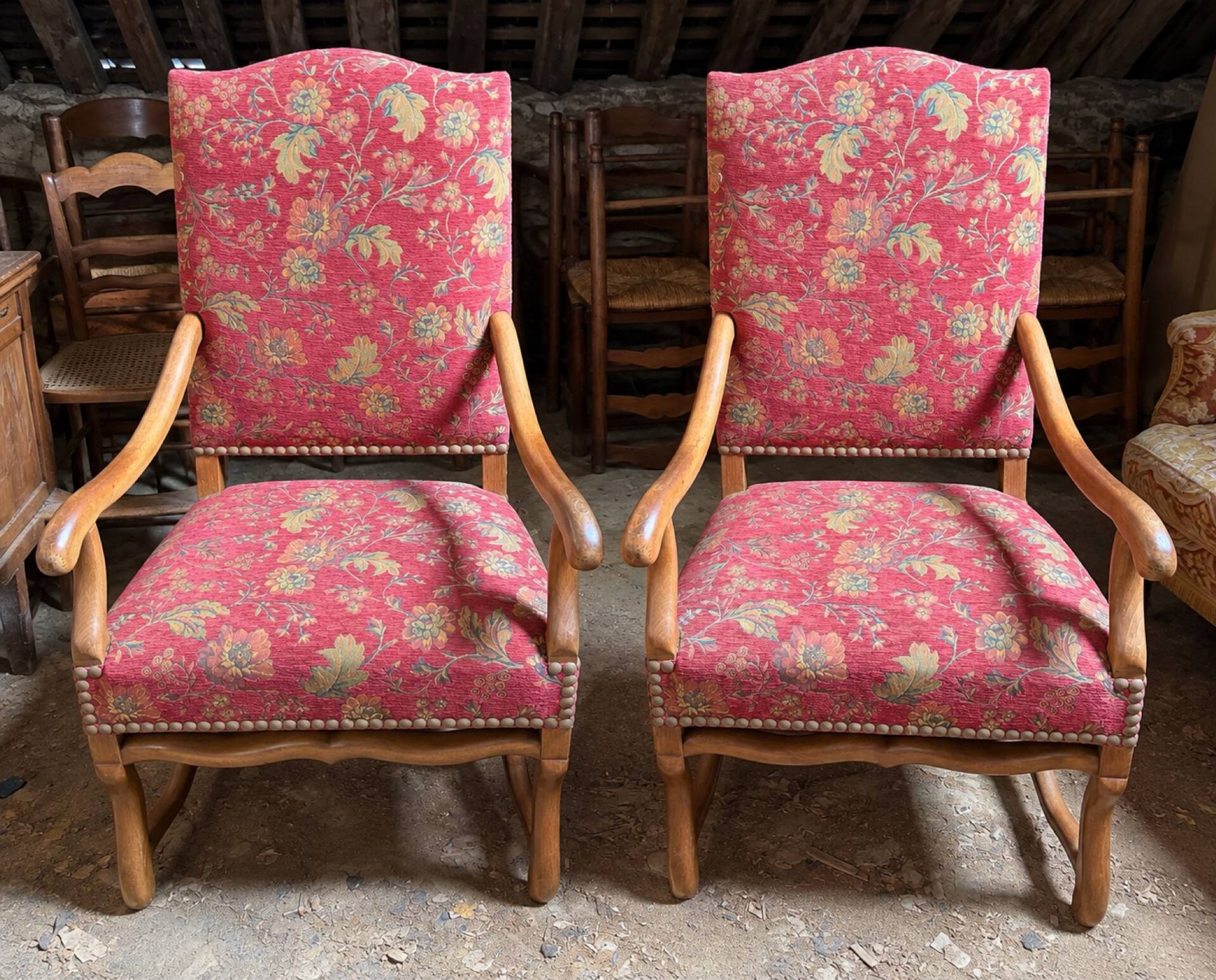 Pair of antique wooden armchairs – floral fabric + matching cushion