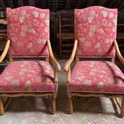 Pair of antique wooden armchairs – floral fabric + matching cushion