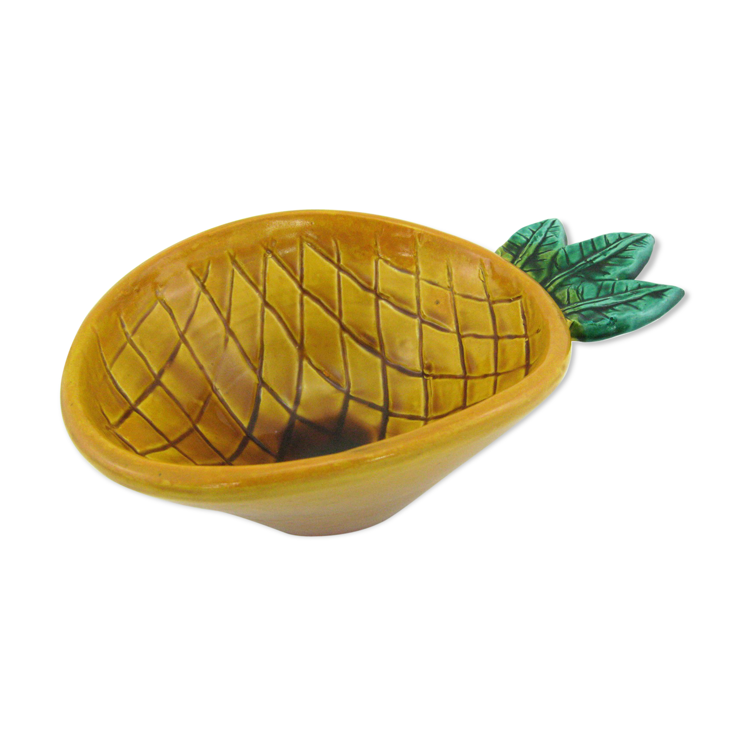 Yellow and green ceramic salad - pineapple-shaped barbotine - Vallauris France - vintage 60s