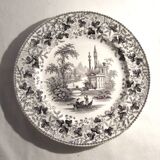 English dessert plate signed David Johnston & Cie: Black and white landscape