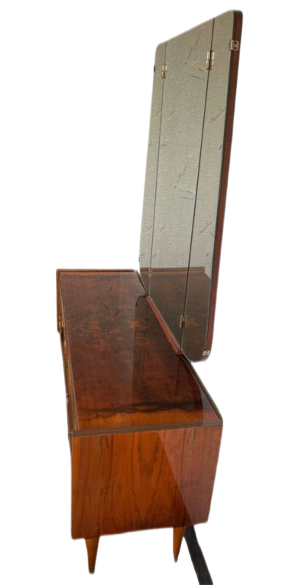 Coiffeuse ronce de noyer, triple miroir & laiton -Regency/ Art Déco
