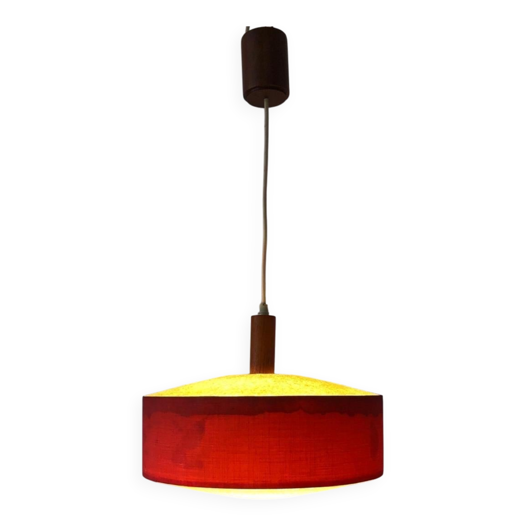 Red fabric ceiling light with textured plexiglass shade by Temde, 1960s, Germany.