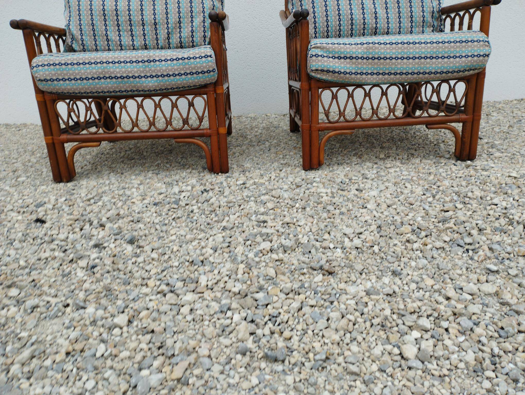 Pair of glacier blue rattan armchairs French Riviera vintage ép