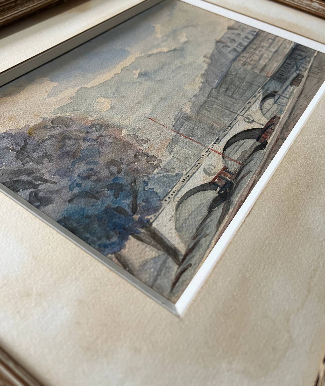 Watercolour painting early 20th century Paris Bridge Seine River signed J. M. Nicolle