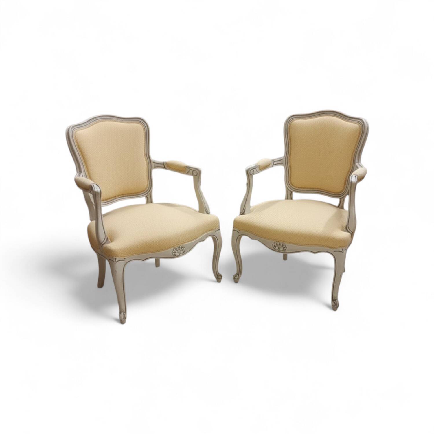 Pair of Cabriolet Armchairs in Louis XV Style - Patinated Wood and Yellow Fabric