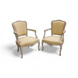 Pair of Cabriolet Armchairs in Louis XV Style - Patinated Wood and Yellow Fabric