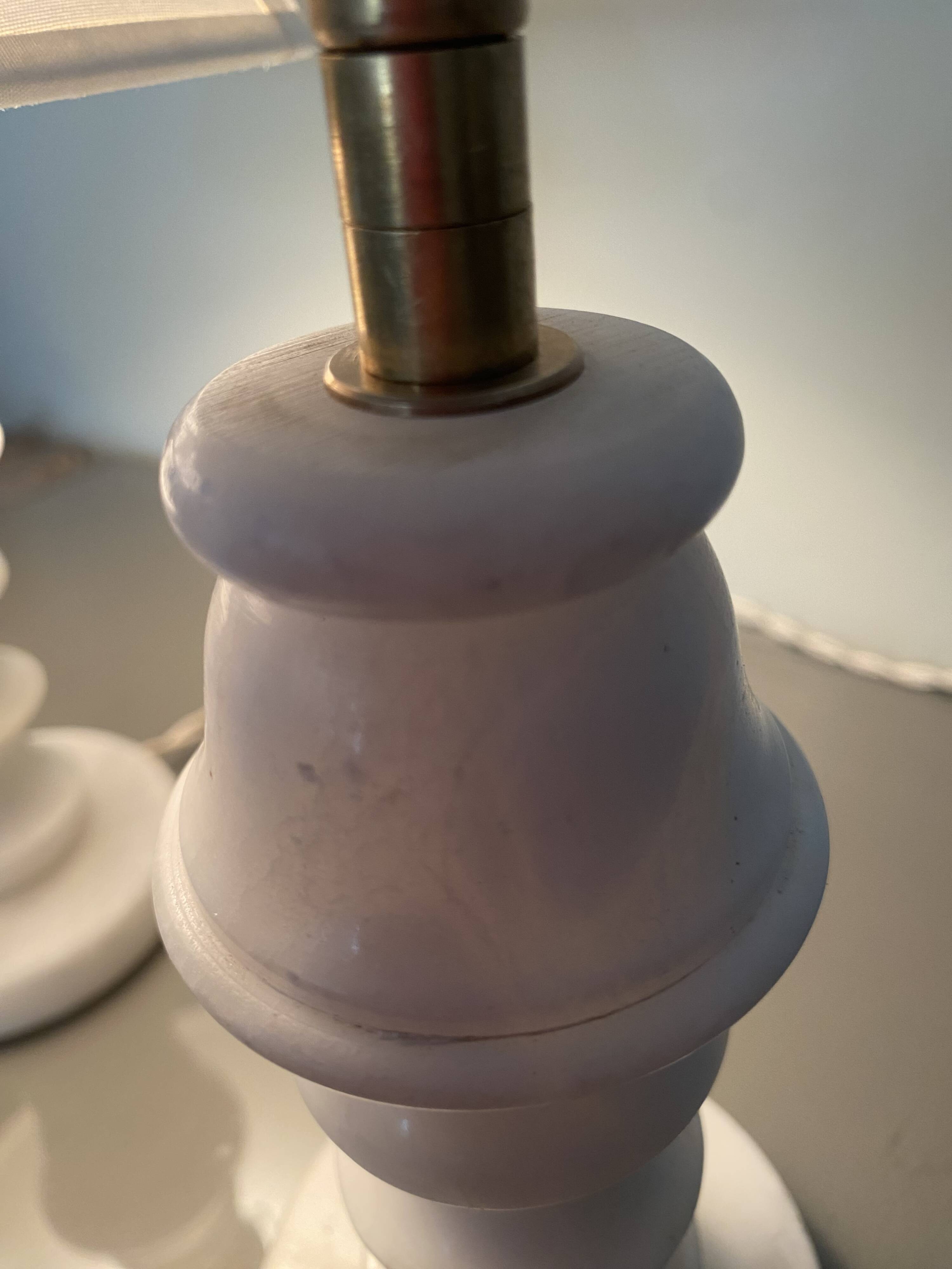 Two alabaster lamps, 2x2M fabric cables, cotton lampshades.