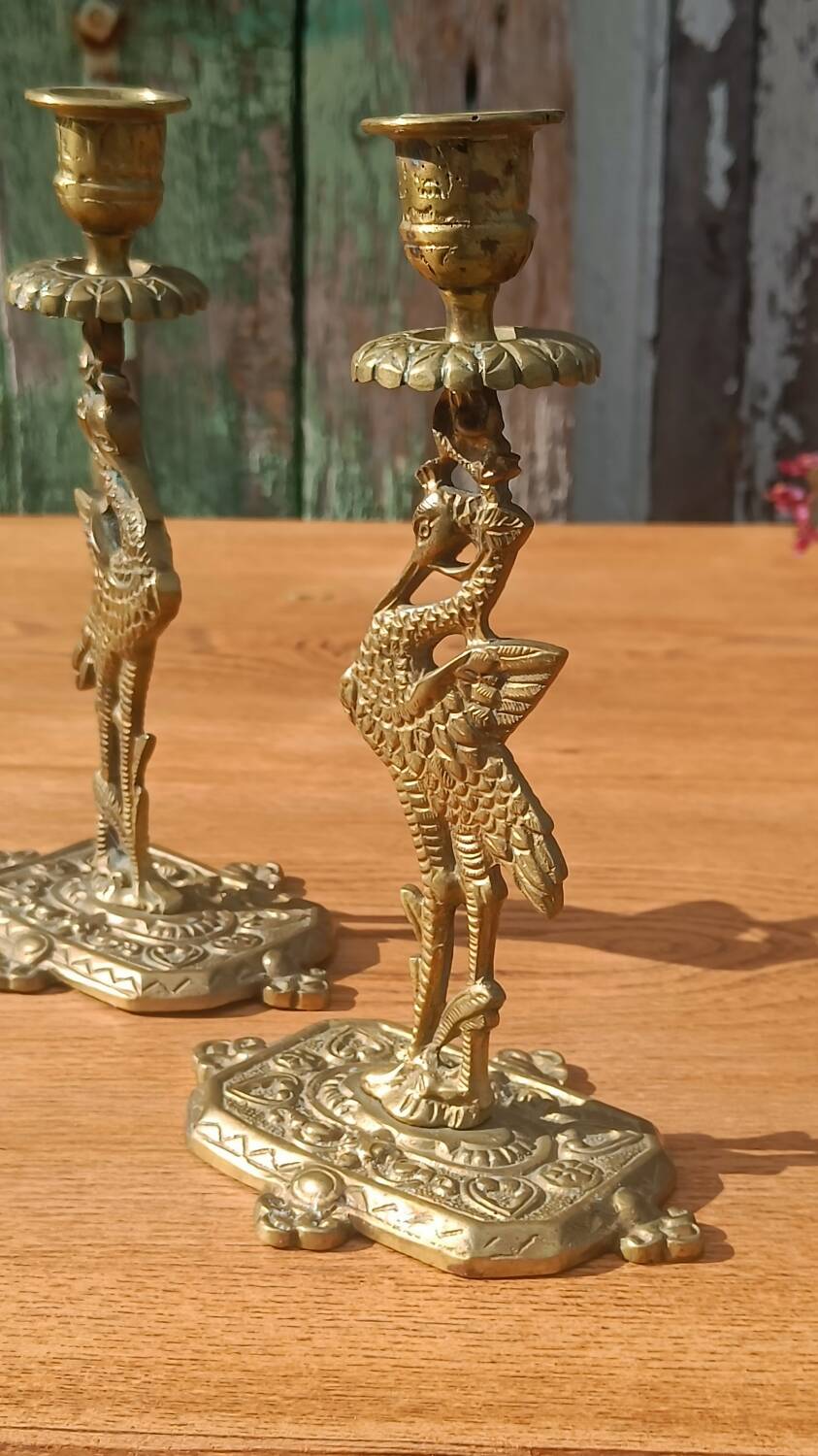 Bronze candlesticks, heron, Orientalist Art Deco
