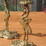 Bronze candlesticks, heron, Orientalist Art Deco