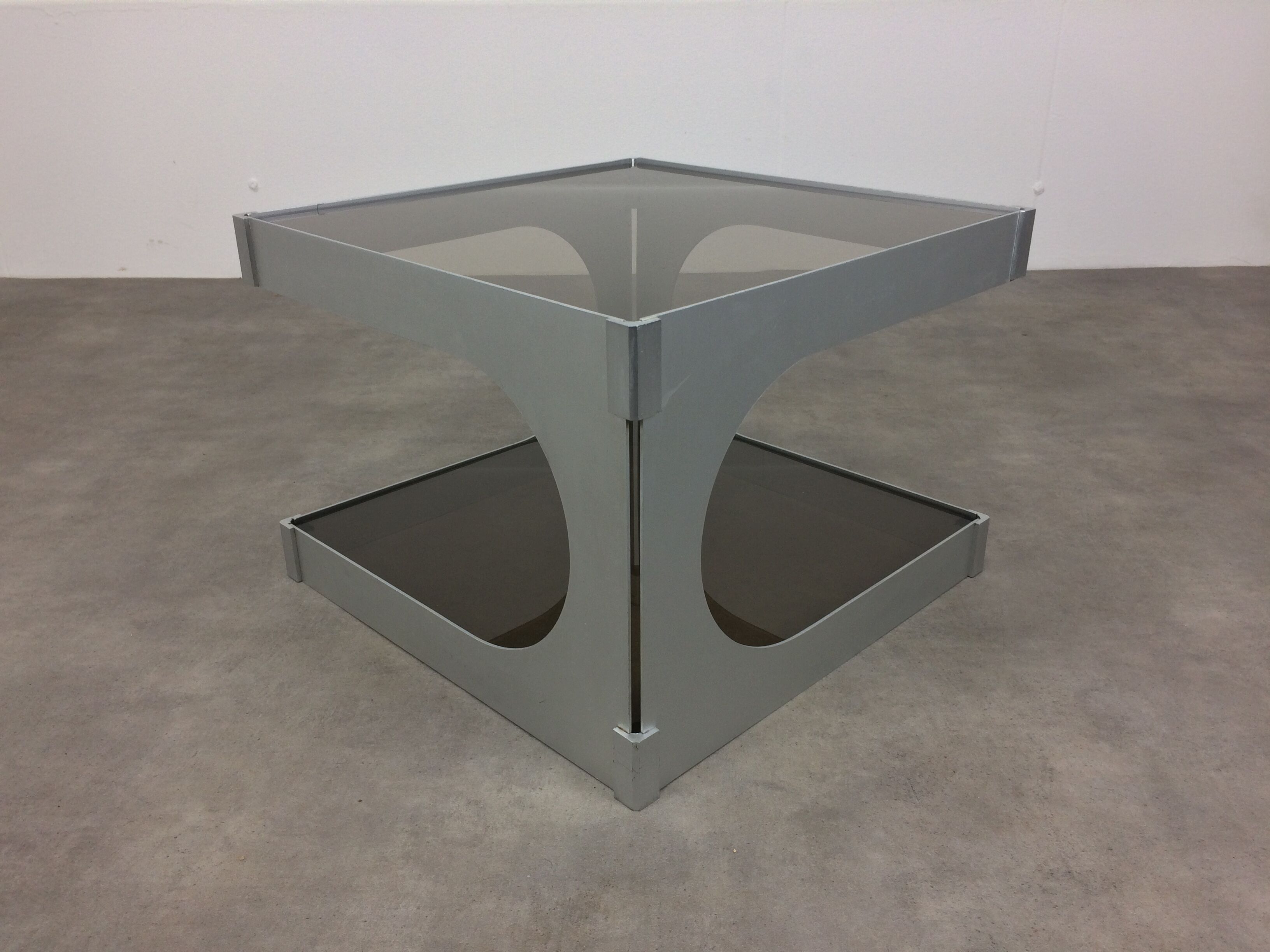 Side table space age aluminum smoked glass, end of sofa 1970