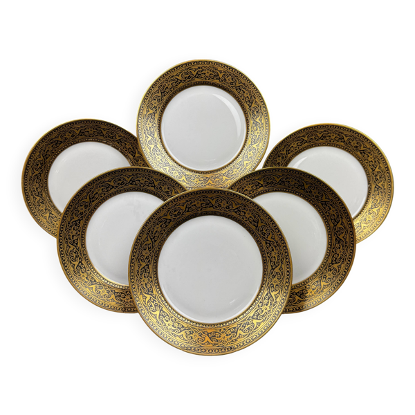 6 assiettes Limoges F Legrand décor noir et or fin