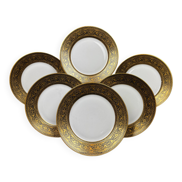 6 assiettes Limoges F Legrand décor noir et or fin