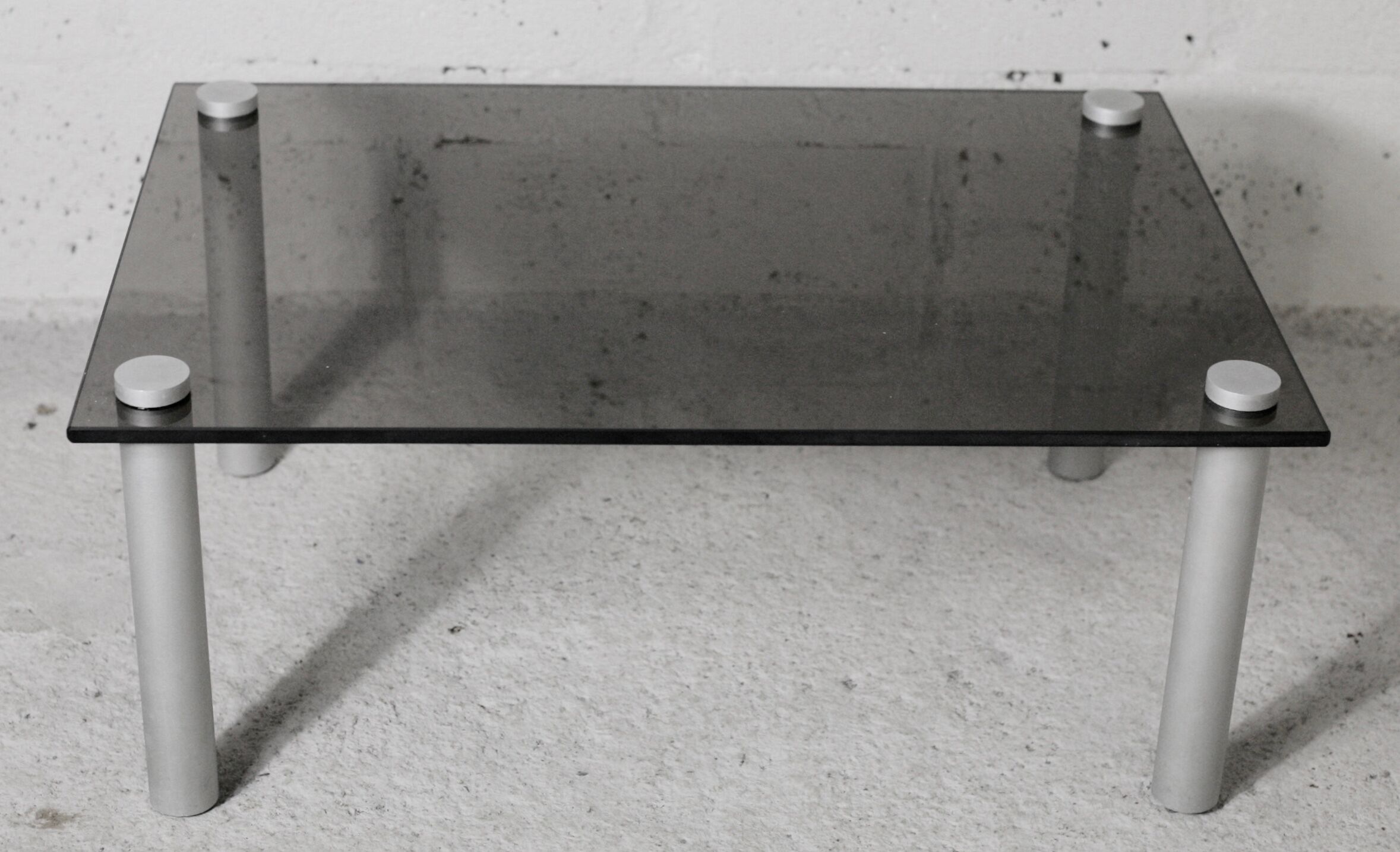 Coffee table cylindrical footings, tray smoked glass, circa 1970