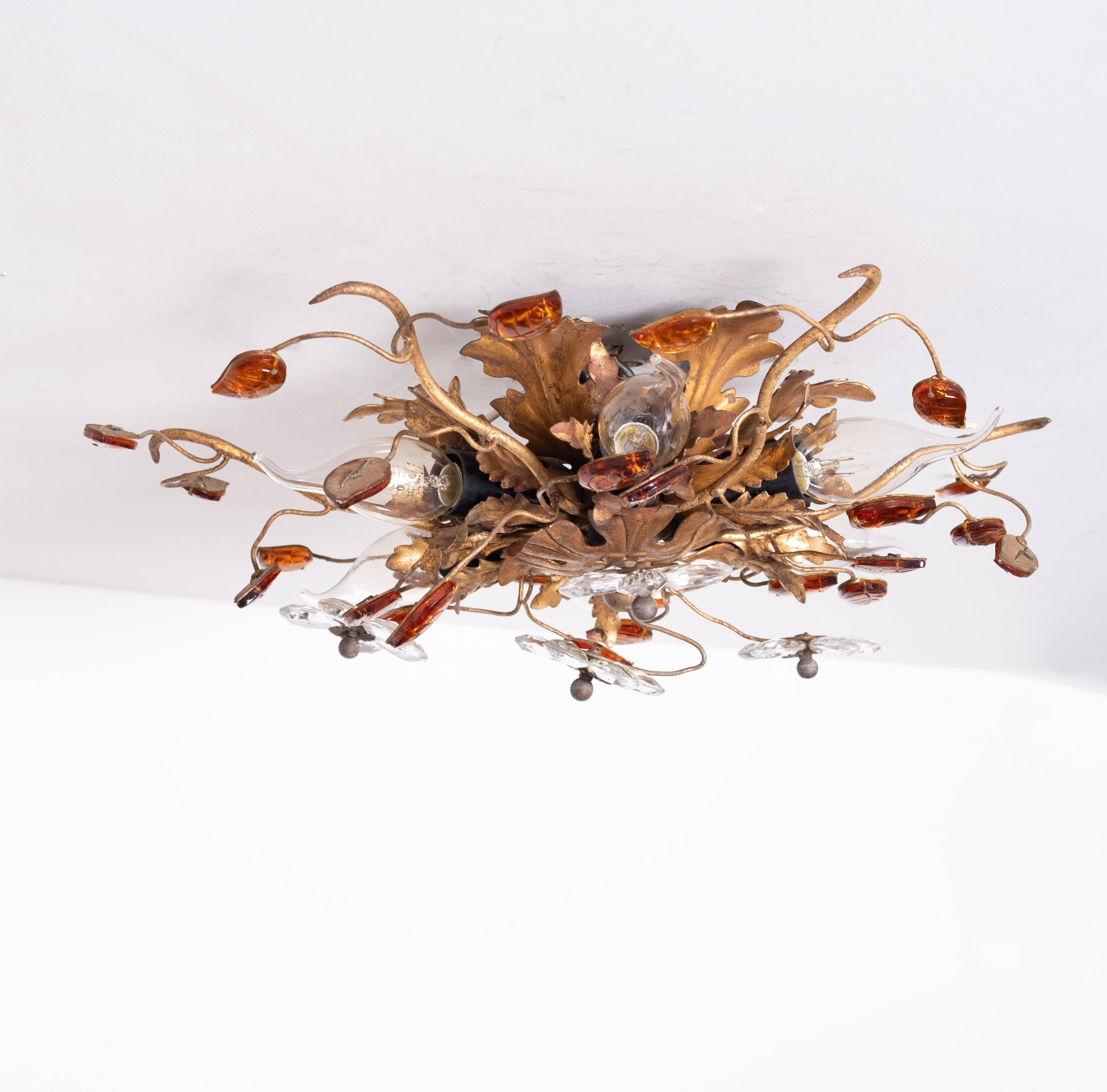Wonderful gilded florentine flush mount light by Banci Firenze 1970s Italy