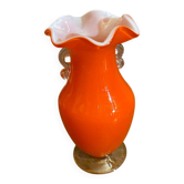 Vase Ancien MURANO Verre Soufflé Orange Col Corolle Décoration Vintage