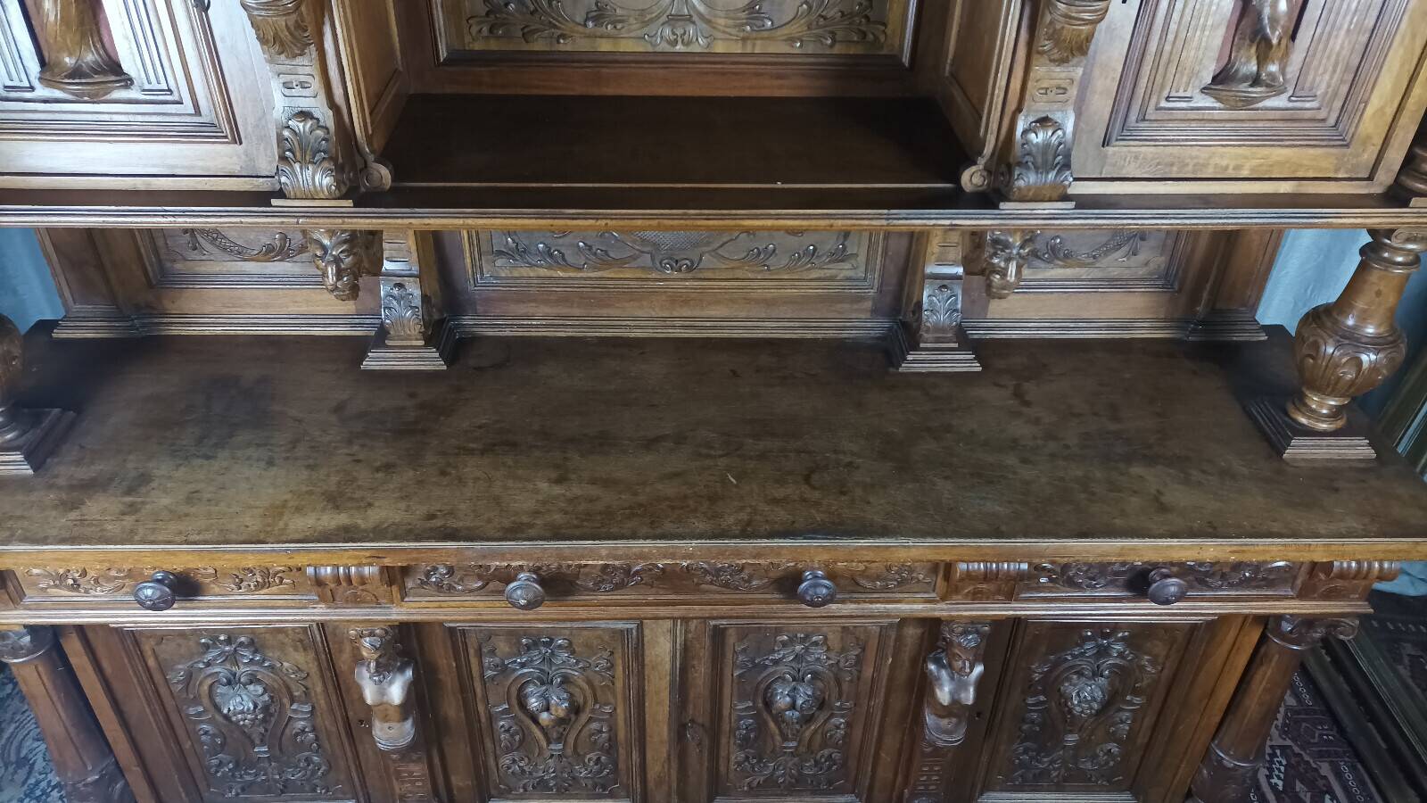 19th-century walnut buffet with two bodies.