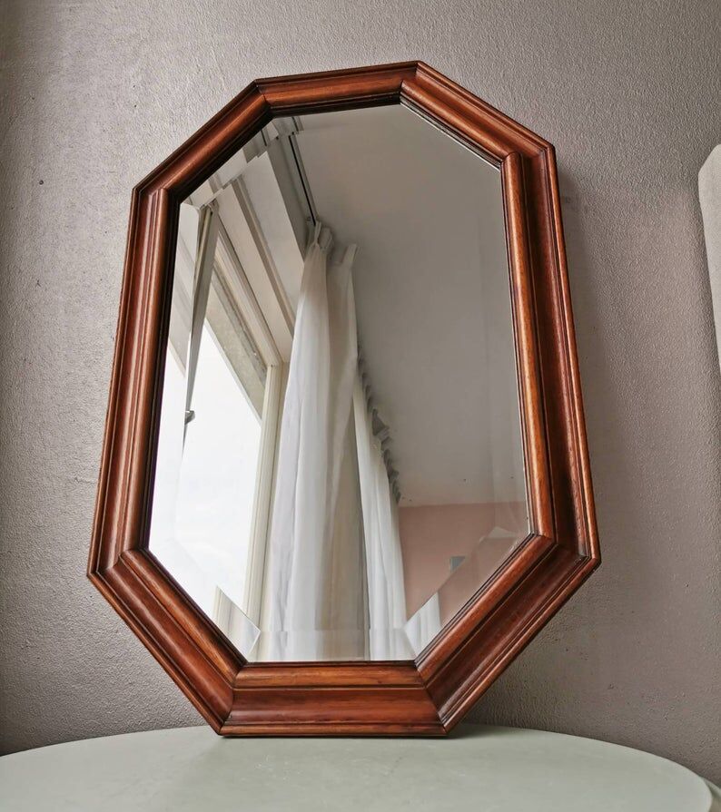 Vintage wooden mirror with 70s 80x40cm cut glass