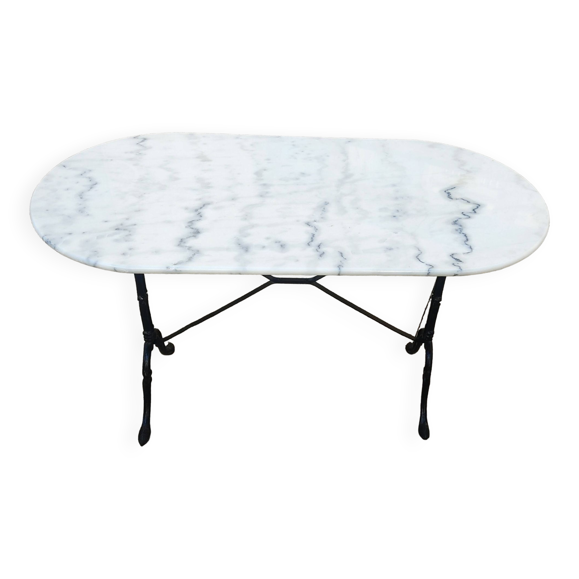 Table en marbre ovale blanche et noire, piètement fer forgé