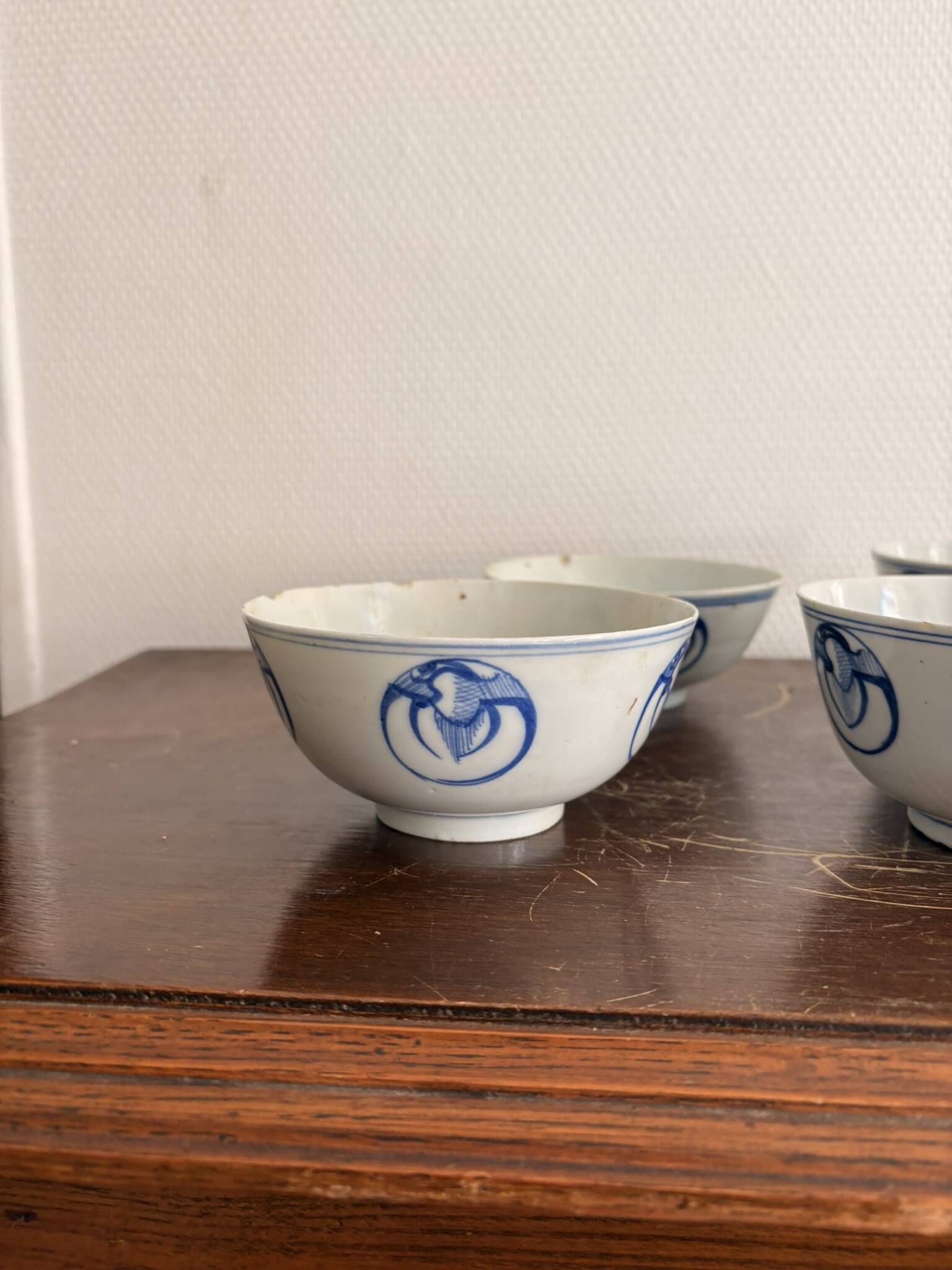 Lot of Blue White Porcelain Rice Tea from China with Cobalt Blue Imperial Dragons