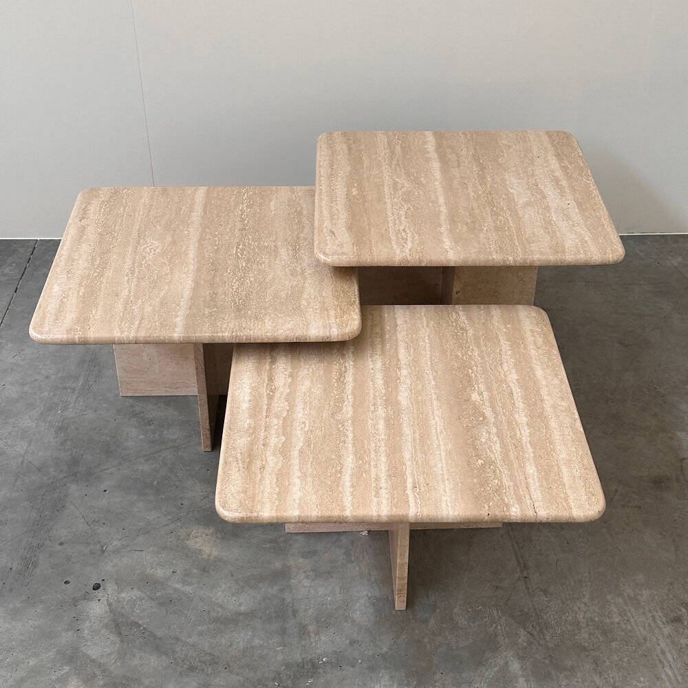 Set of three Italian travertine nesting / side tables, 1970s–1980s