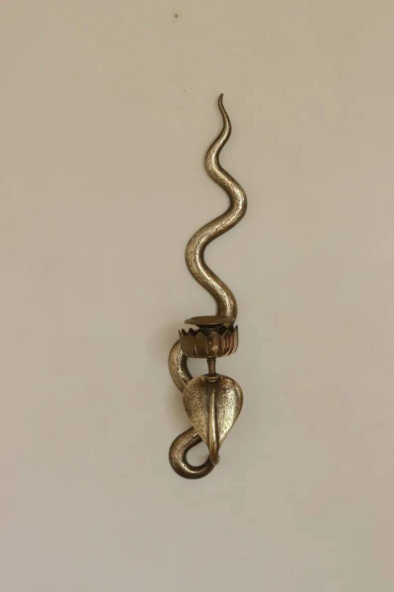 Pair of Egyptian Revival Style Engraved Brass Cobra Sconces