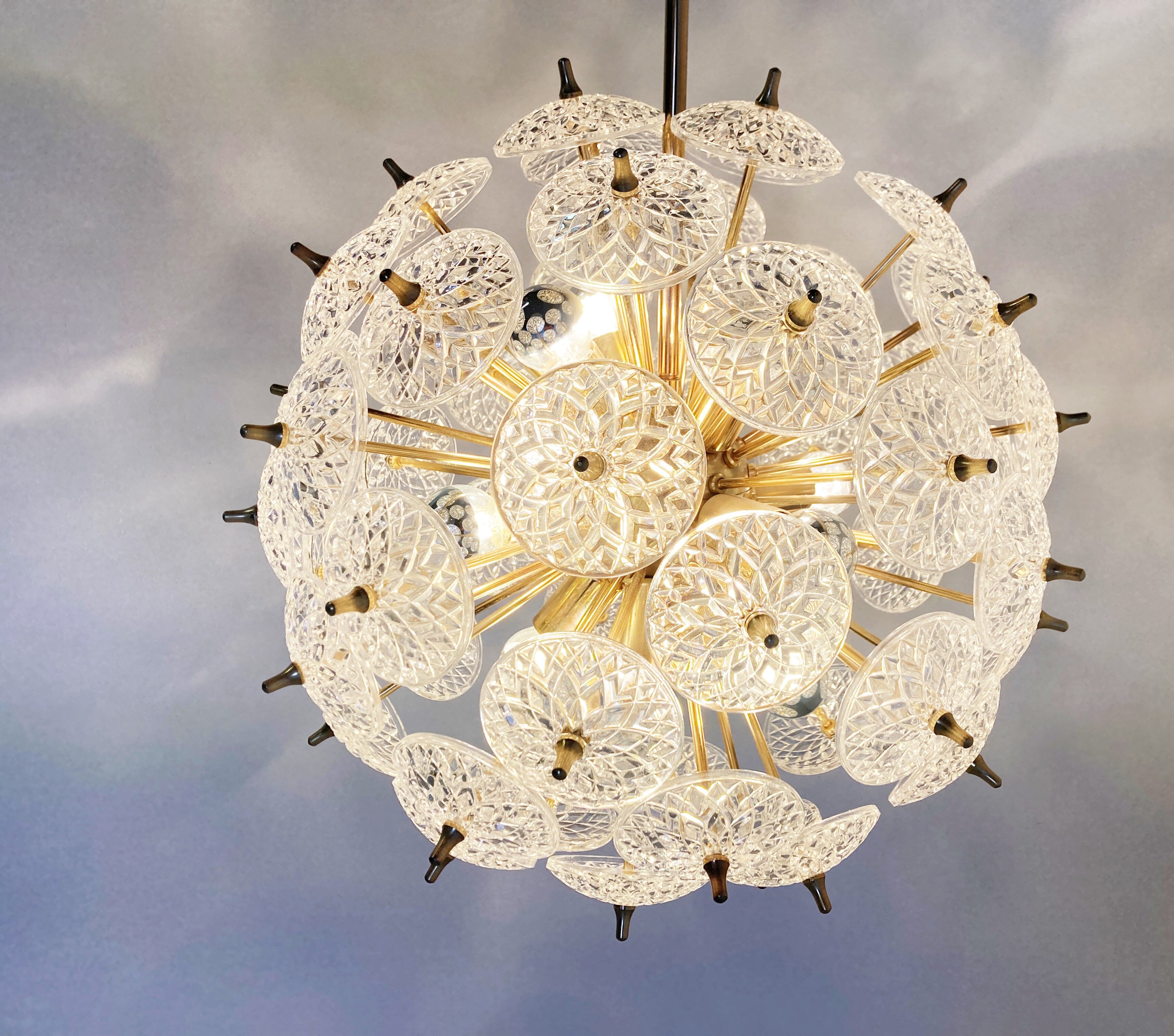 Mid century brass and crystal sputnik chandelier by Val saint lambert, 1960s