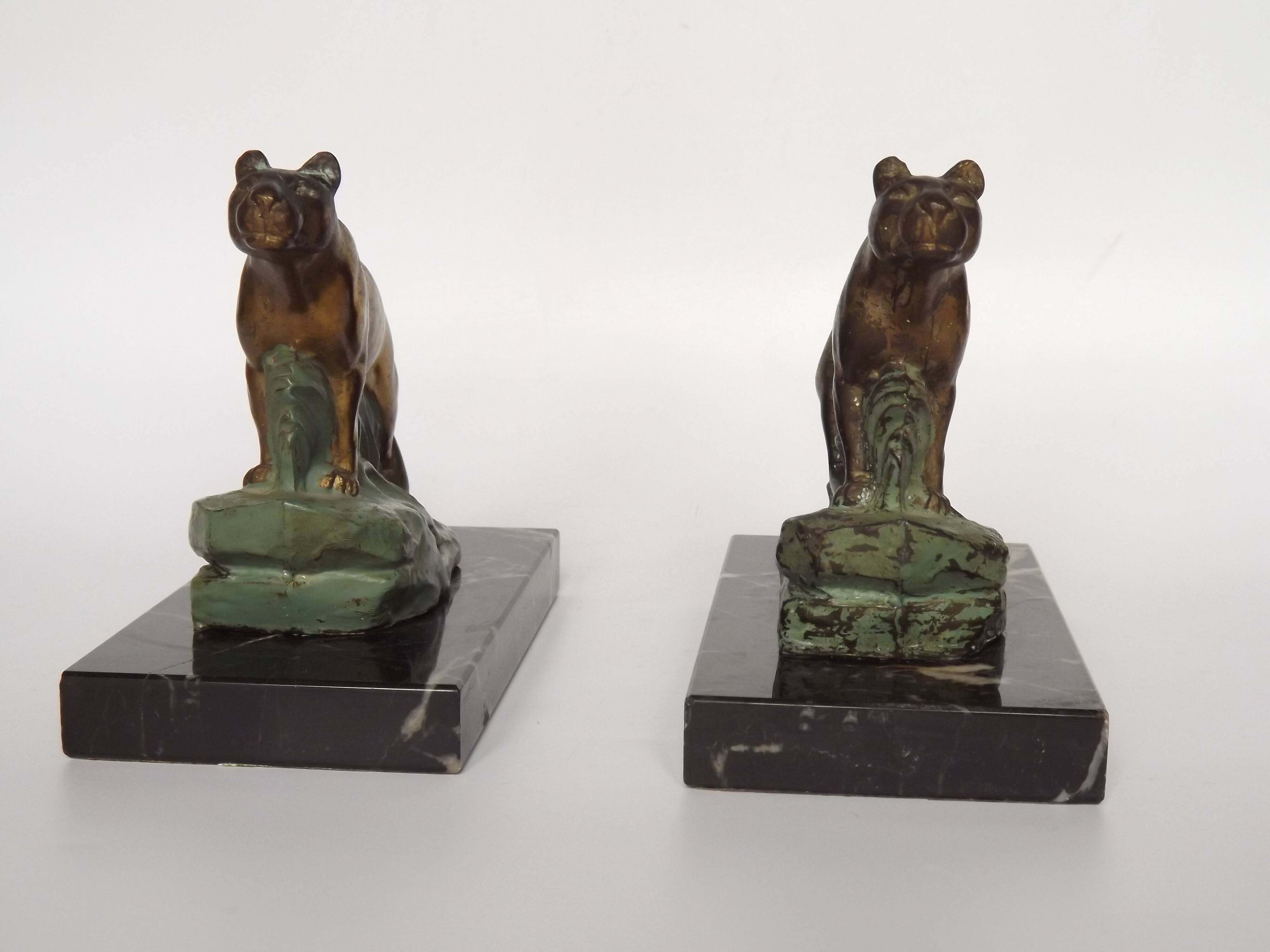 Vintage French Art Deco Panther Book Ends - Marble and Metal Bookends