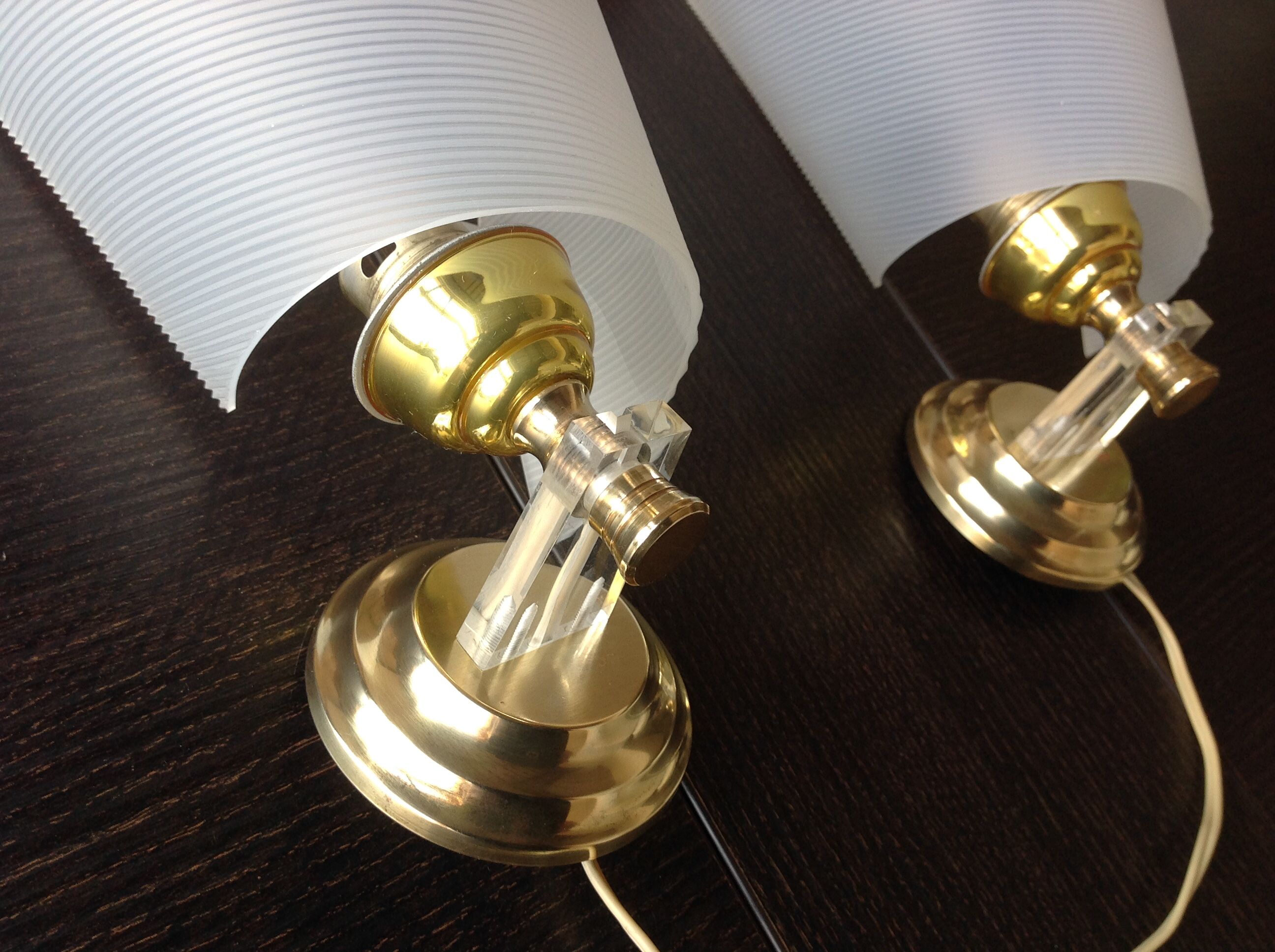 Pair of brass and perspex white /vintage 50-60s wall light