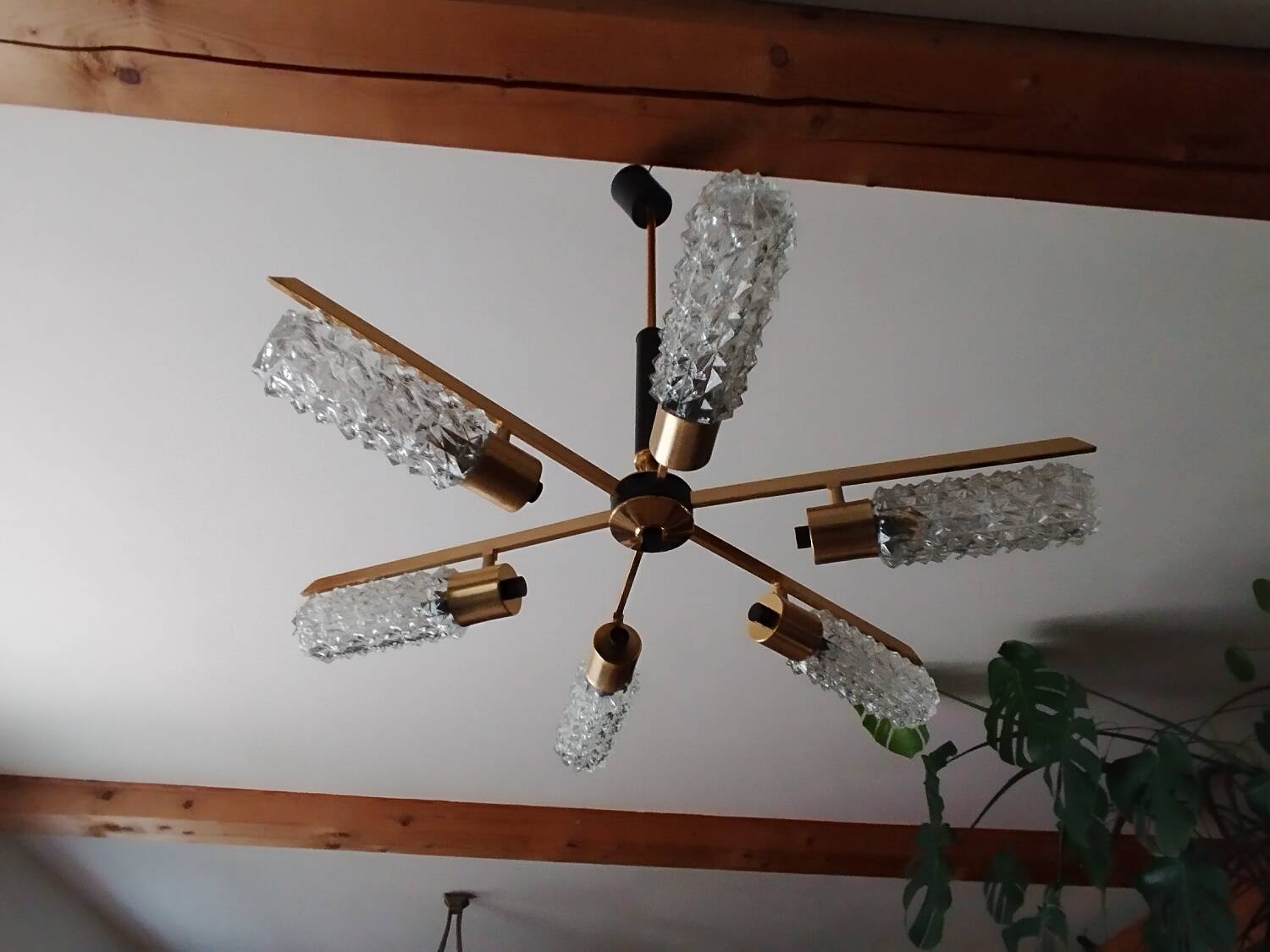 Arlus vintage brass and glass chandelier 6 lights