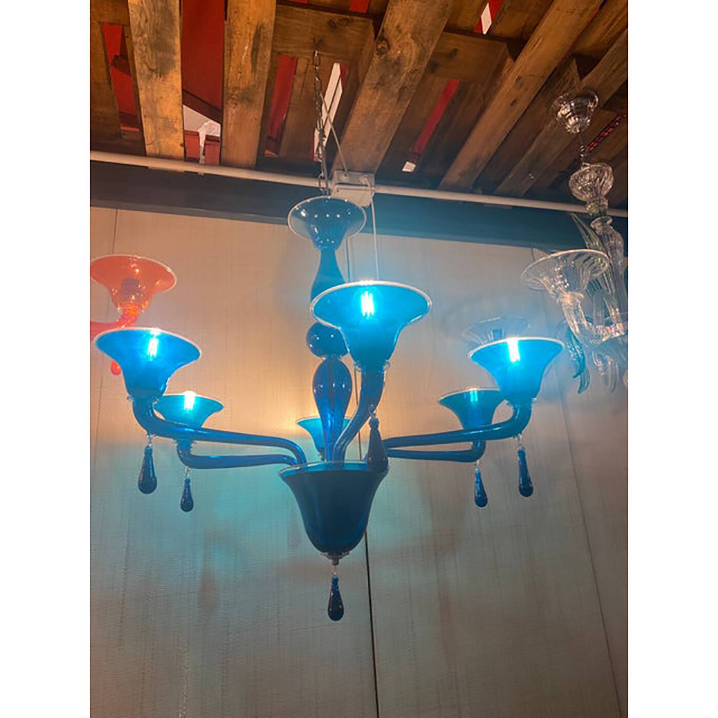 Glass Chandelier in Blue Lattimo Color